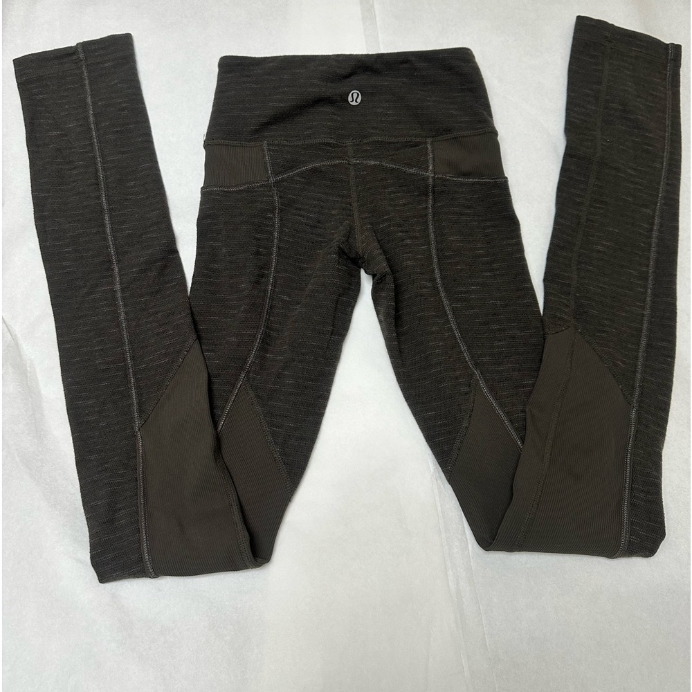 Lululemon Dark Green Striped Rib Knit Accents Mid-Rise Leggings💚 - Picture 2 of 7